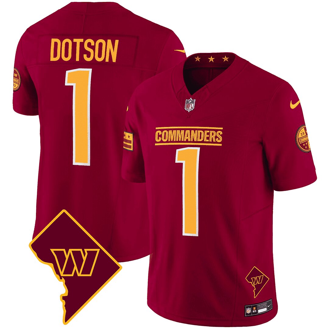 Men Washington Commanders 1 Dotson Red DC Map Patch 2024 Nike Vapor Limited NFL Jersey style 1
